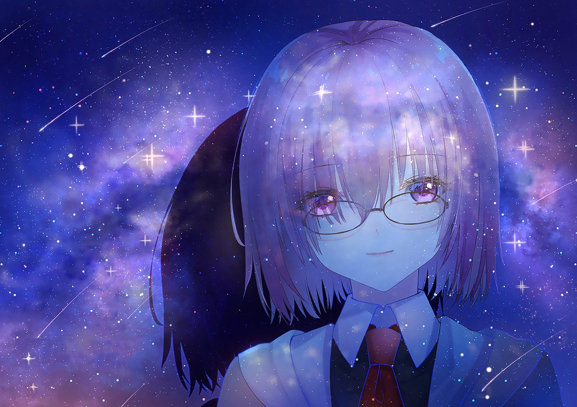 HD desktop wallpaper of Mashu Kyrielight from Fate/Grand Order, anime-style close-up wearing glasses with purple hair set against a shimmering starry galaxy background.