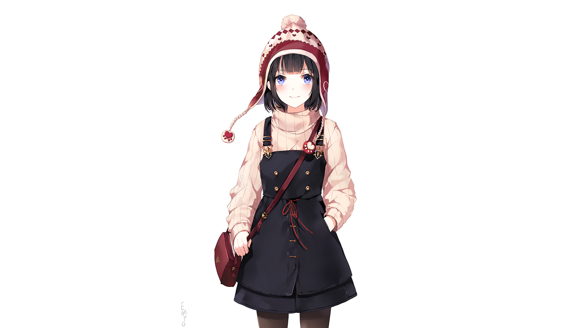 HD PC desktop wallpaper featuring an original anime-style girl with blue eyes, wearing a cozy pink sweater, a black dress, and a red winter hat with pom-poms.