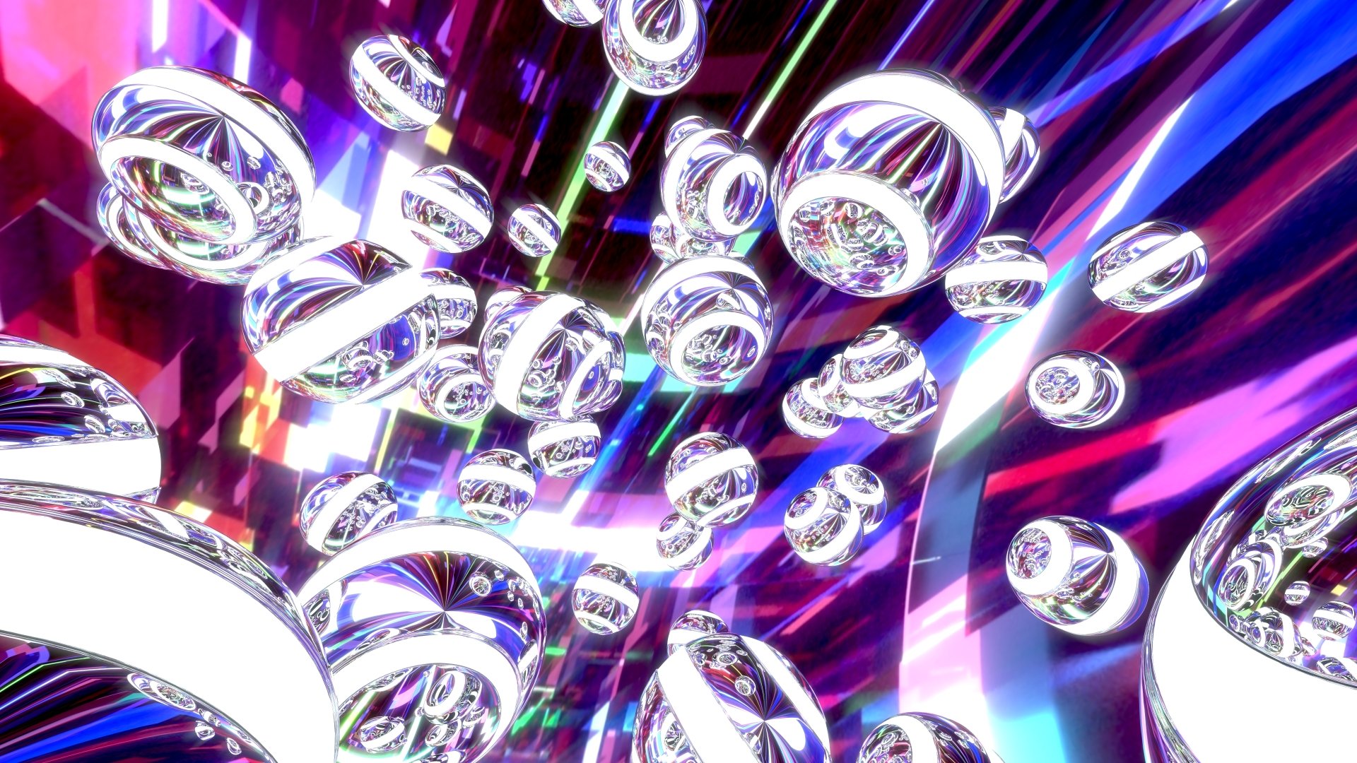 Artistic abstract Blender 3D 4K Ultra HD desktop wallpaper of reflective white, purple and violet spheres and balls floating amid neon purple and blue light streaks.