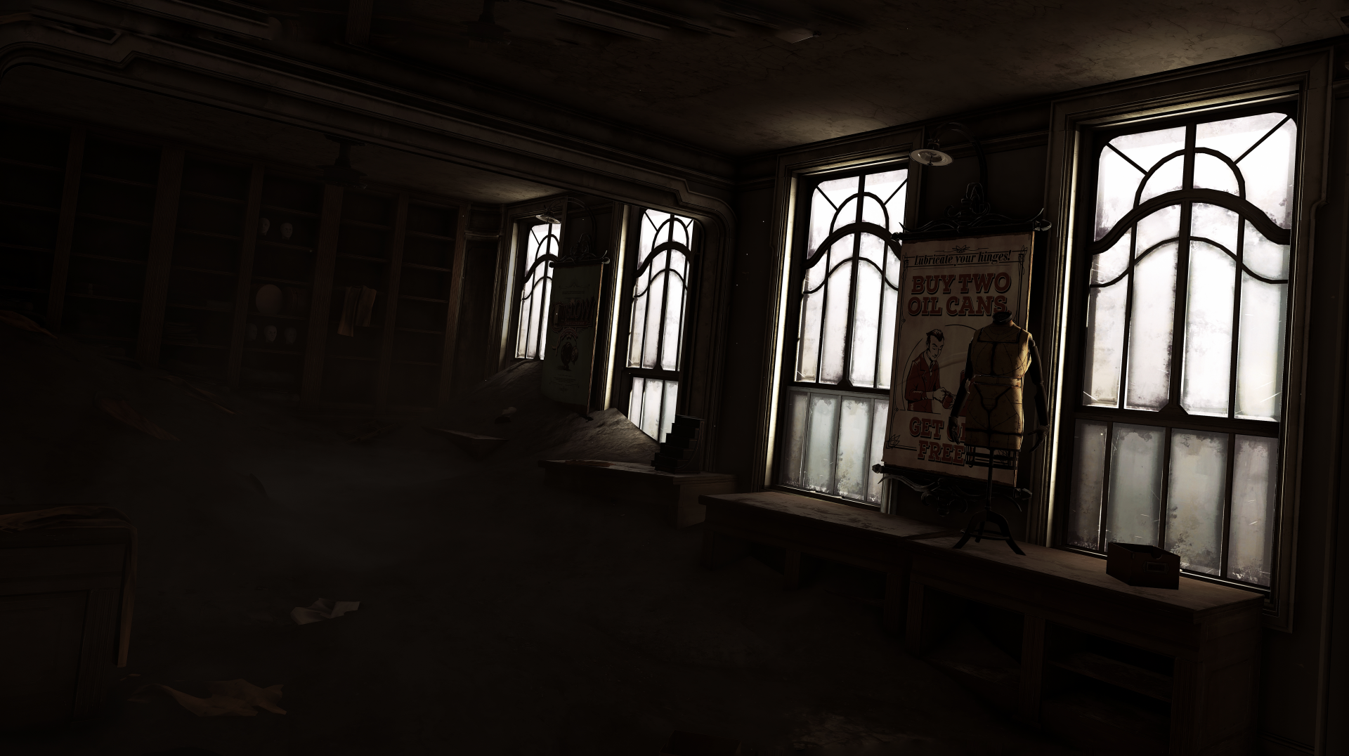 Dark, atmospheric interior from the video game Dishonored 2, rendered in 8K Ultra HD for PC desktop wallpaper and background use.