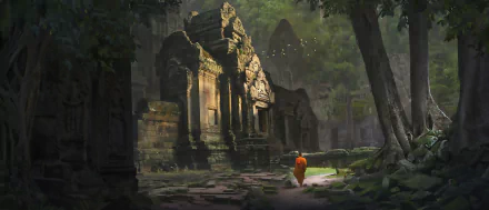 HD fantasy temple scene with ancient ruins surrounded by dense forest, featuring a solitary figure in orange walking through the mystical landscape, designed as a PC desktop wallpaper.