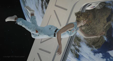 Artistic HD PC desktop wallpaper featuring a woman floating outside a spacecraft orbiting Earth, blending surreal space elements with human presence.