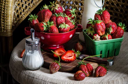 HD still life desktop wallpaper featuring fresh strawberries in a red bowl and green carton alongside sugar, showcasing vibrant berry fruit on a rustic table setting.