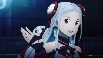 Yuna from Sword Art Online Movie: Ordinal Scale smiling and waving in an anime HD PC desktop wallpaper — pale blue braided hair, red headset accents, black-and-red outfit on a dark stage.