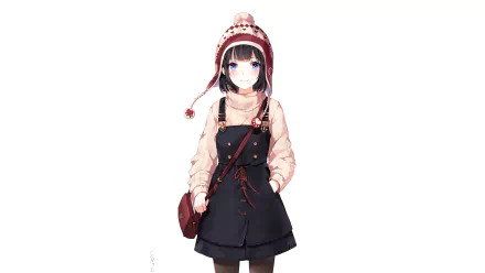 HD PC desktop wallpaper featuring an original anime-style girl with blue eyes, wearing a cozy pink sweater, a black dress, and a red winter hat with pom-poms.
