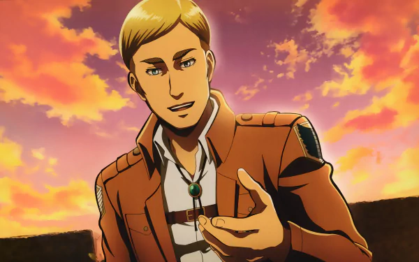 HD anime desktop wallpaper featuring Erwin Smith from Attack on Titan with a dramatic sunset sky in the background.