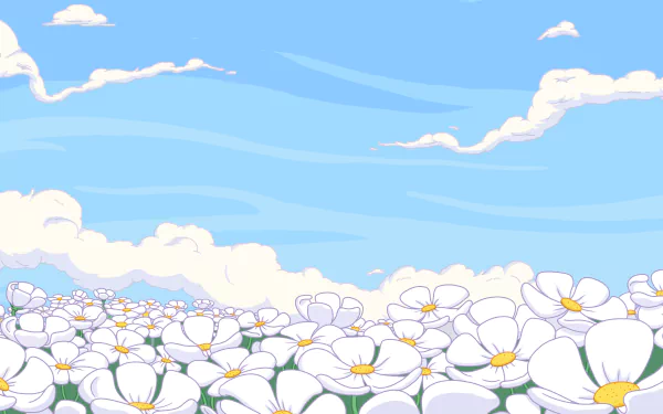 4K Ultra HD Adventure Time wallpaper featuring a vibrant field of white flowers under a bright blue sky with fluffy clouds, designed for PC desktops.