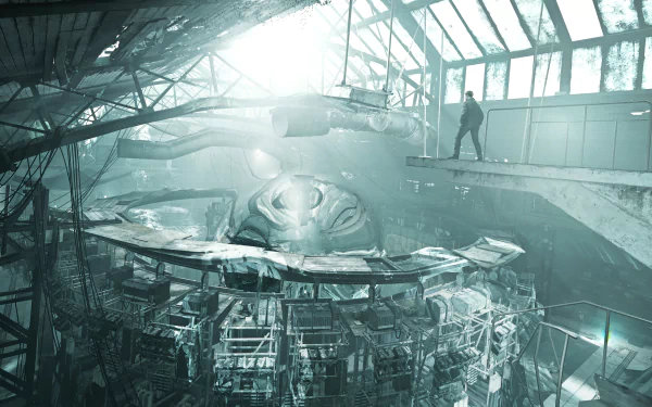 Quantum Break video game 4K Ultra HD PC desktop wallpaper showing an abandoned research facility, a massive time-machine core and a silhouetted figure on a catwalk.