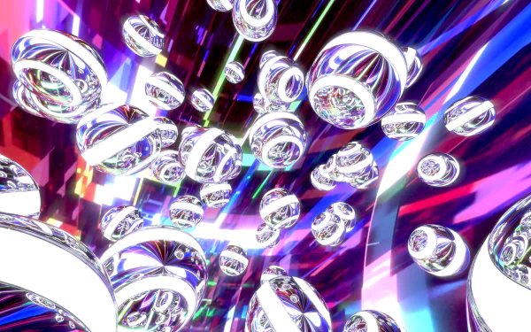 Artistic abstract Blender 3D 4K Ultra HD desktop wallpaper of reflective white, purple and violet spheres and balls floating amid neon purple and blue light streaks.