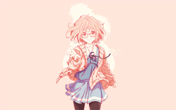 HD desktop wallpaper featuring Mirai Kuriyama from the anime Kyoukai no Kanata (Beyond the Boundary), illustrating her in a pastel-toned background with her signature glasses and hair.