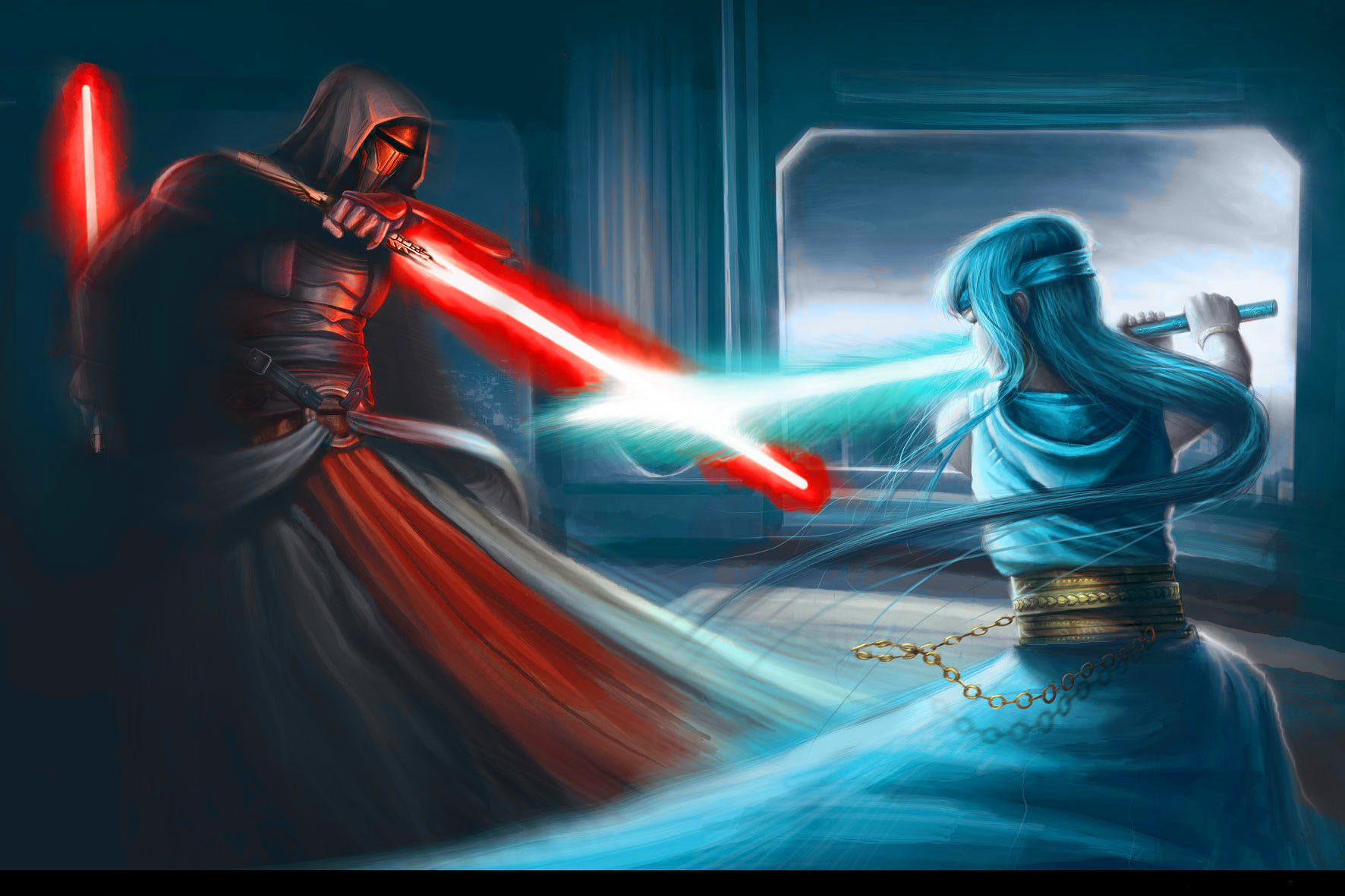 Image depicts Darth Revan, a hooded figure with a red lightsaber and blue lightsaber, embodying both Jedi and Sith aspects.