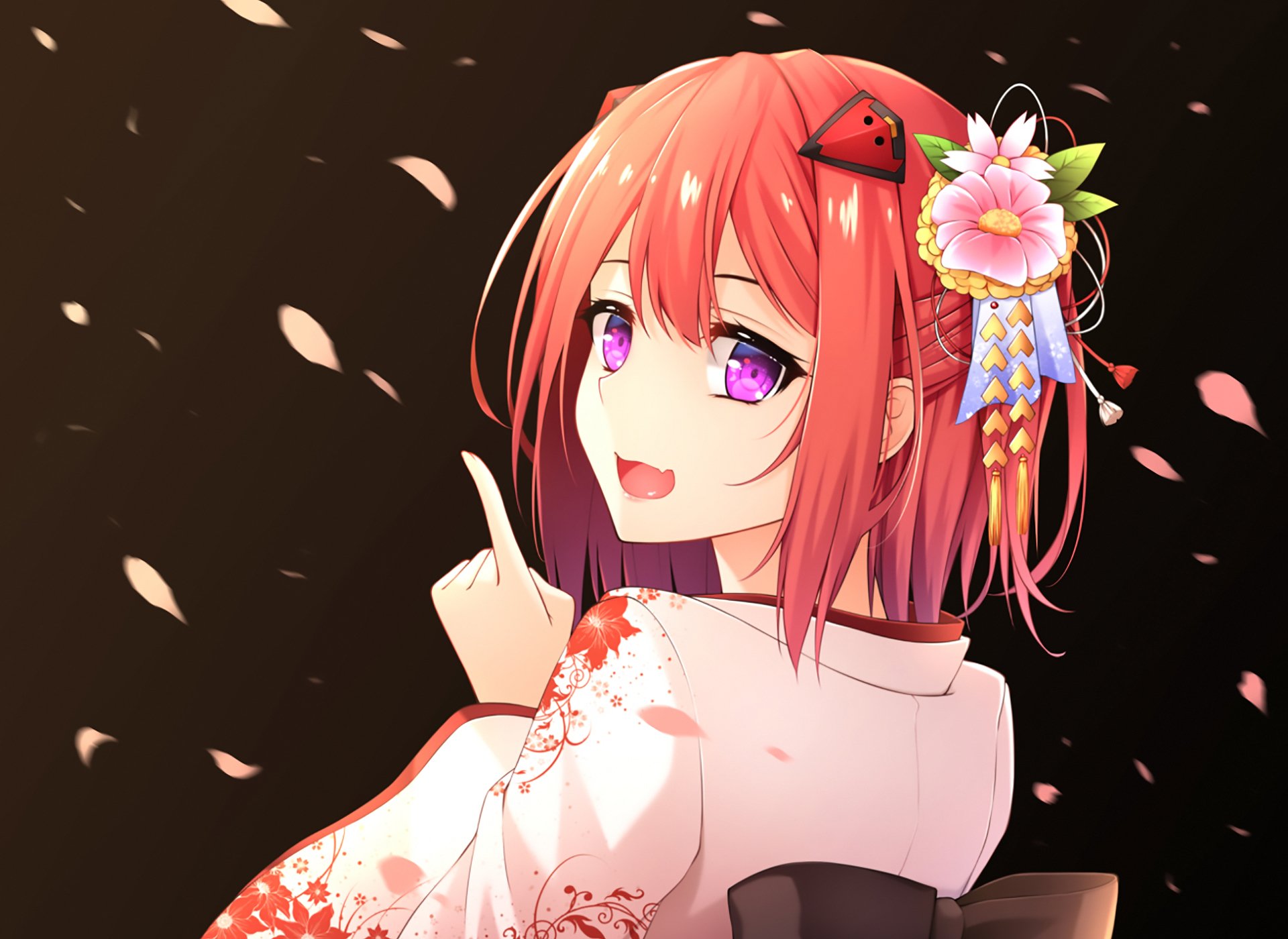 Anime-style original HD desktop wallpaper featuring a girl with pink hair, purple eyes, and floral hair accessories against a dark background with falling petals.