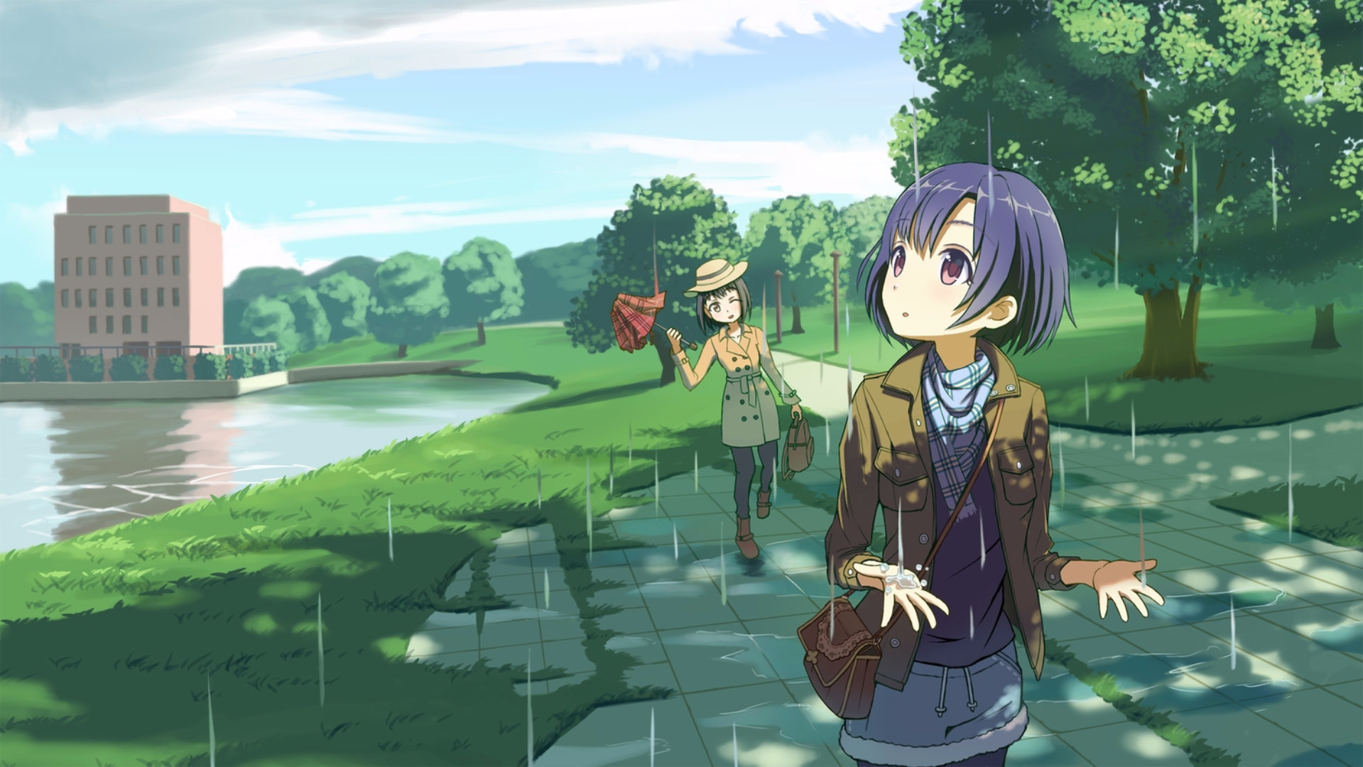 Anime-style HD PC desktop wallpaper from The iDOLM@STER Cinderella Girls featuring two characters walking in a rainy park with lush greenery and a pond.