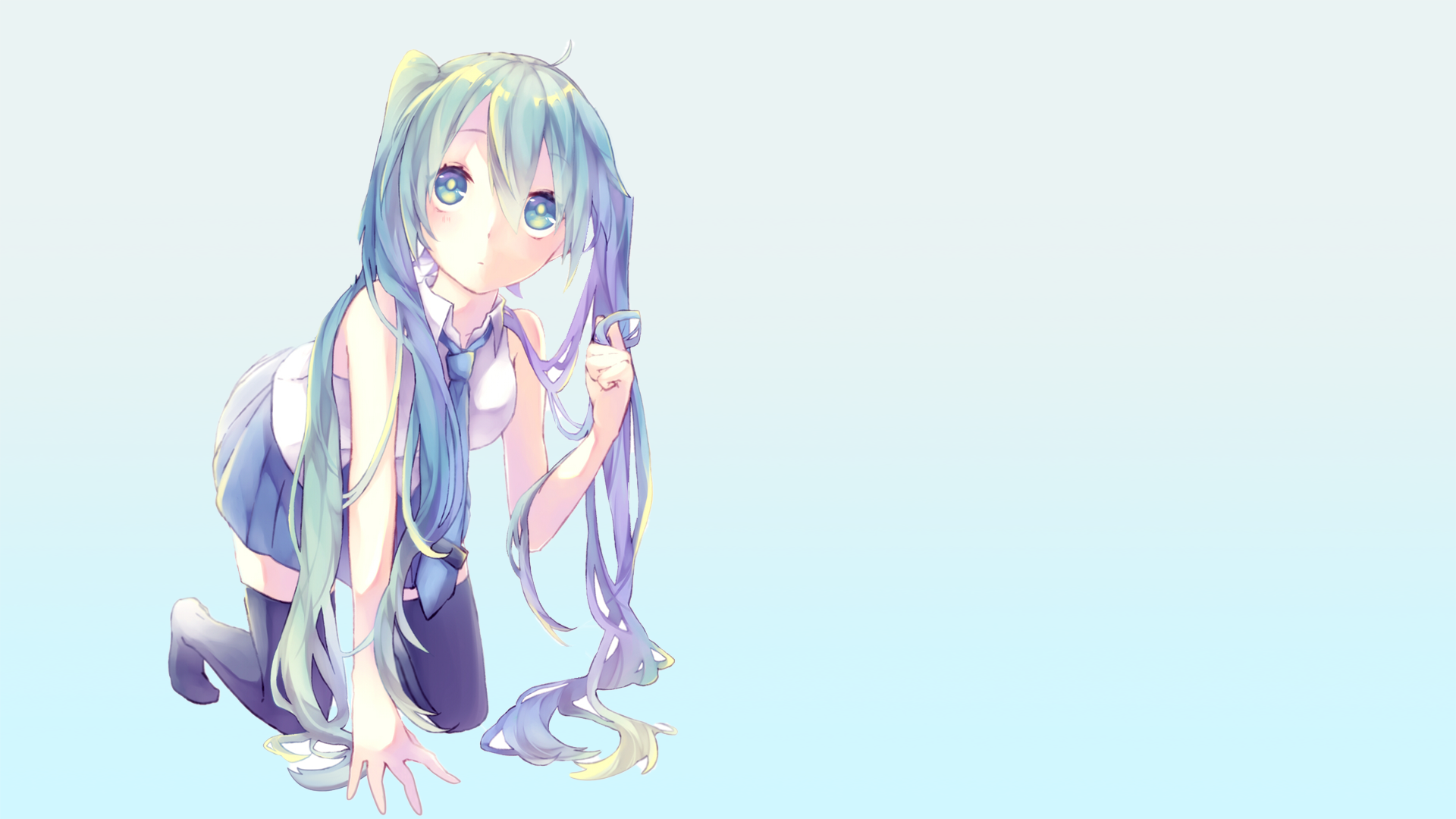HD anime desktop wallpaper featuring Vocaloid character Hatsune Miku with long teal twin-tails against a soft gradient background.