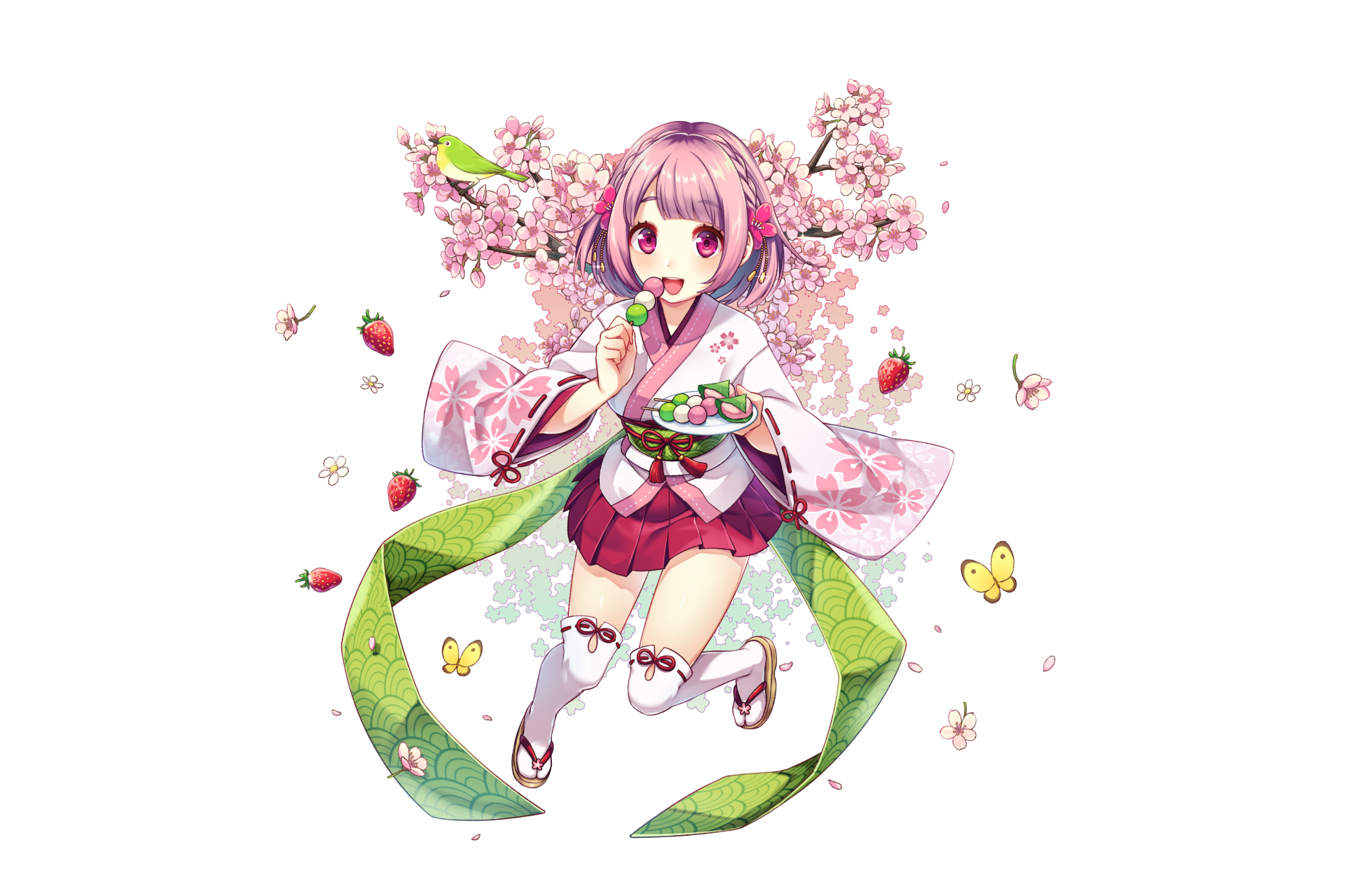 Anime-style original character with pink hair and eyes, smiling in Japanese clothes with a flower and ribbon, set against a floral-themed HD desktop wallpaper background.