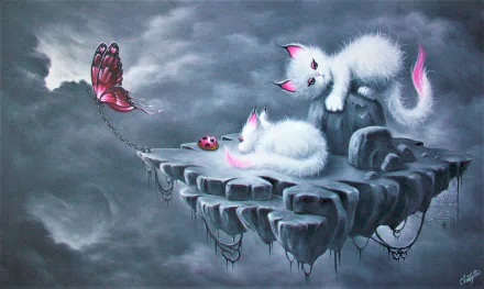 HD desktop wallpaper featuring two cute fantasy kittens with pink ears; one is sleeping and the other is awake. A butterfly and a ladybug are also present, all on a surreal floating rock in a cloudy sky.