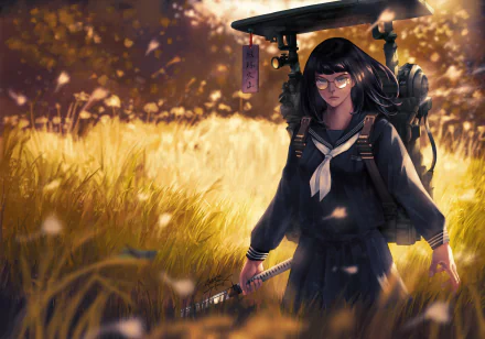 Anime original HD PC desktop wallpaper/background: a dark-haired student in a sailor uniform and glasses stands in a sunlit golden field, with backpack, katana and drifting embers.