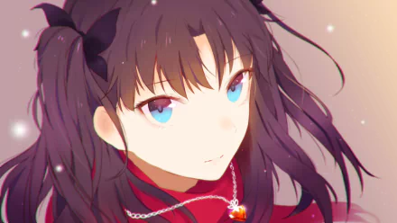 Rin Tohsaka from Fate/Stay Night with flowing dark hair and bright blue eyes, rendered in vibrant 4K Ultra HD anime style for a detailed PC desktop wallpaper.