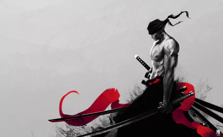 HD desktop wallpaper featuring Roronoa Zoro from the anime One Piece. Zoro stands with swords and a red cloth in a striking, artistic pose against a minimalist background.