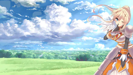 HD PC desktop wallpaper featuring Darkness from the anime KonoSuba - God’s blessing on this wonderful world!! against a bright blue sky and green landscape background.