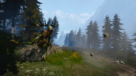 HD PC desktop wallpaper featuring a monster from The Witcher 3: Wild Hunt video game, set in a misty forest with towering pine trees and distant mountains.