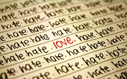 Artistic HD desktop wallpaper featuring the word love in red, standing out among rows of hate written in black.