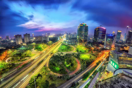 Indonesia fisheye light time lapse highway road sky skyscraper building night city man made Jakarta HD Desktop Wallpaper | Background Image