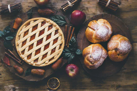 HD desktop wallpaper featuring a still life of a lattice-topped apple pie surrounded by apples, cinnamon sticks, and other pastries on a rustic wooden table.
