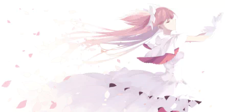 Madoka Kaname (Puella Magi Madoka Magica) in a flowing white-pink dress, hair and petals trailing — 4K Ultra HD PC desktop wallpaper and background.