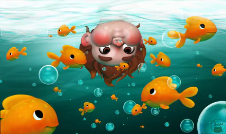 HD PC desktop wallpaper: fantasy underwater scene of a wide-eyed little boy with brown eyes surrounded by orange fish and rising bubbles.