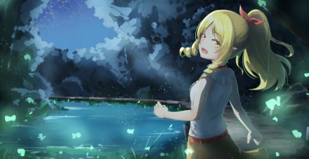 HD anime wallpaper featuring Elf Yamada from EroManga-Sensei, standing by a glowing pond under a moonlit sky with fireflies and lush trees in the background.