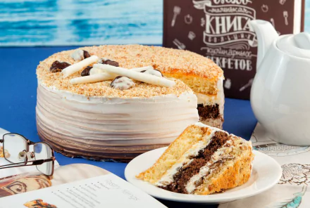 HD desktop wallpaper featuring a still life of a layered cake, a white kettle, and a slice of pastry on a plate, set against a blue background.