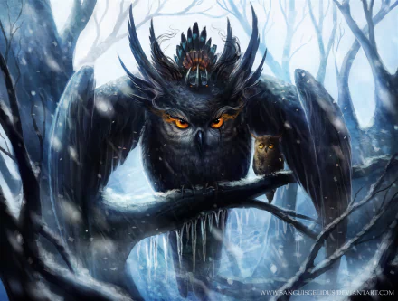HD fantasy desktop wallpaper of a majestic owl with striking orange eyes perched on a snowy branch, guarding a small owlet. The background features a mystical winter forest scene.
