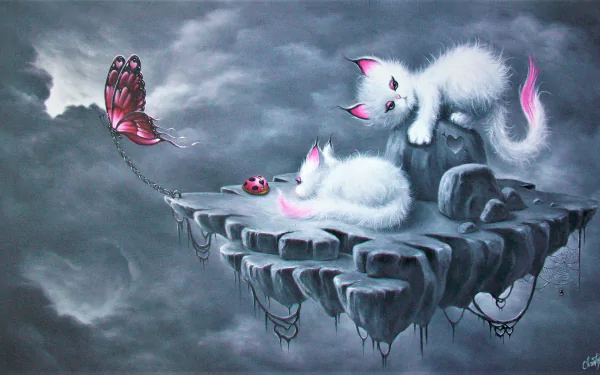 HD desktop wallpaper featuring two cute fantasy kittens with pink ears; one is sleeping and the other is awake. A butterfly and a ladybug are also present, all on a surreal floating rock in a cloudy sky.