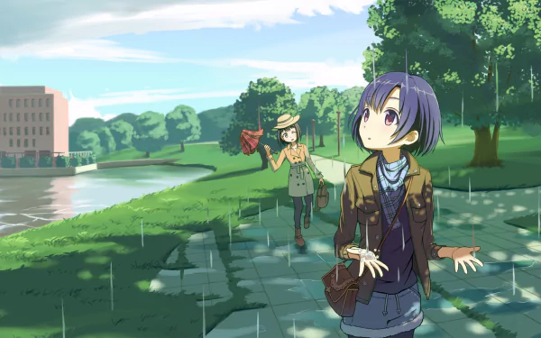 Anime-style HD PC desktop wallpaper from The iDOLM@STER Cinderella Girls featuring two characters walking in a rainy park with lush greenery and a pond.