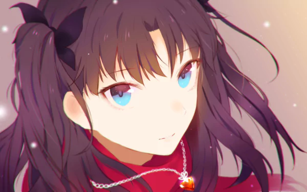 Rin Tohsaka from Fate/Stay Night with flowing dark hair and bright blue eyes, rendered in vibrant 4K Ultra HD anime style for a detailed PC desktop wallpaper.