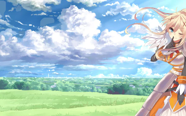 HD PC desktop wallpaper featuring Darkness from the anime KonoSuba - God’s blessing on this wonderful world!! against a bright blue sky and green landscape background.