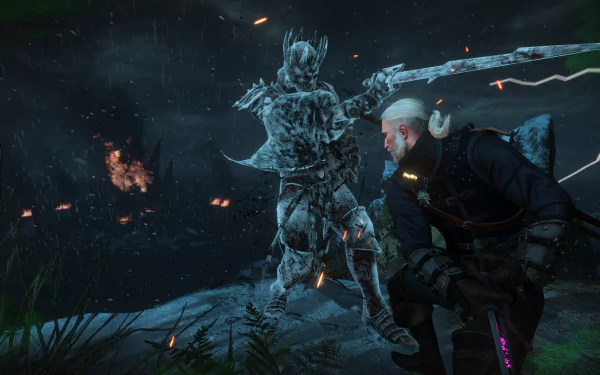 HD PC desktop wallpaper from The Witcher 3: Wild Hunt showing Geralt of Rivia facing Eredin Bréacc Glas in a dark, fiery battle scene.