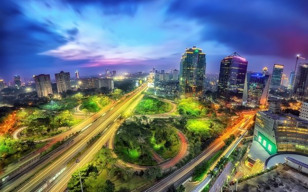 Man Made Jakarta Cities Indonesia City Night Building Skyscraper Sky Road Highway Time-Lapse Light Fisheye HD Wallpaper | Background Image
