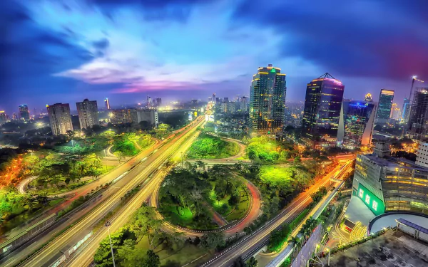 Indonesia fisheye light time-lapse highway road sky skyscraper building night city man made Jakarta HD Desktop Wallpaper | Background Image