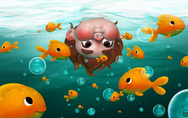 HD PC desktop wallpaper: fantasy underwater scene of a wide-eyed little boy with brown eyes surrounded by orange fish and rising bubbles.