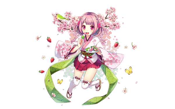 Anime-style original character with pink hair and eyes, smiling in Japanese clothes with a flower and ribbon, set against a floral-themed HD desktop wallpaper background.