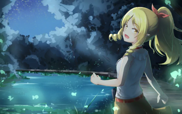 HD anime wallpaper featuring Elf Yamada from EroManga-Sensei, standing by a glowing pond under a moonlit sky with fireflies and lush trees in the background.