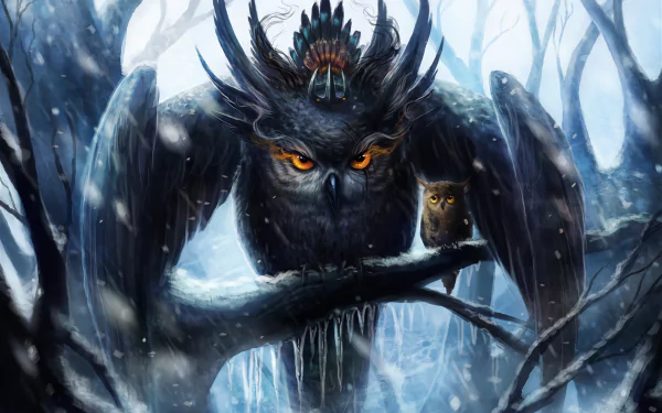 HD fantasy desktop wallpaper of a majestic owl with striking orange eyes perched on a snowy branch, guarding a small owlet. The background features a mystical winter forest scene.
