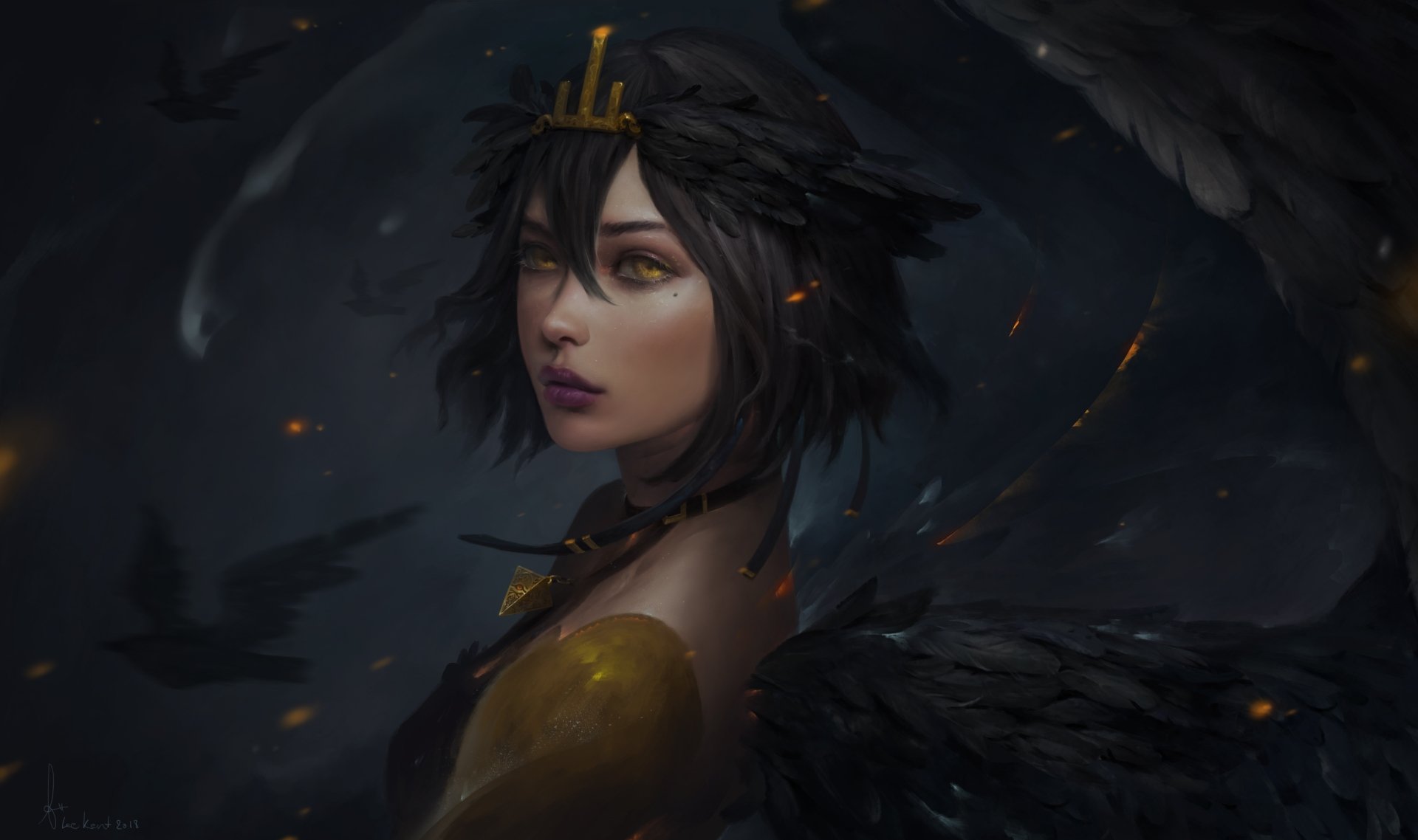 HD desktop wallpaper featuring a fantasy angel with yellow eyes, wearing lipstick, and sporting short black hair. The dark, atmospheric background highlights her mystical presence.