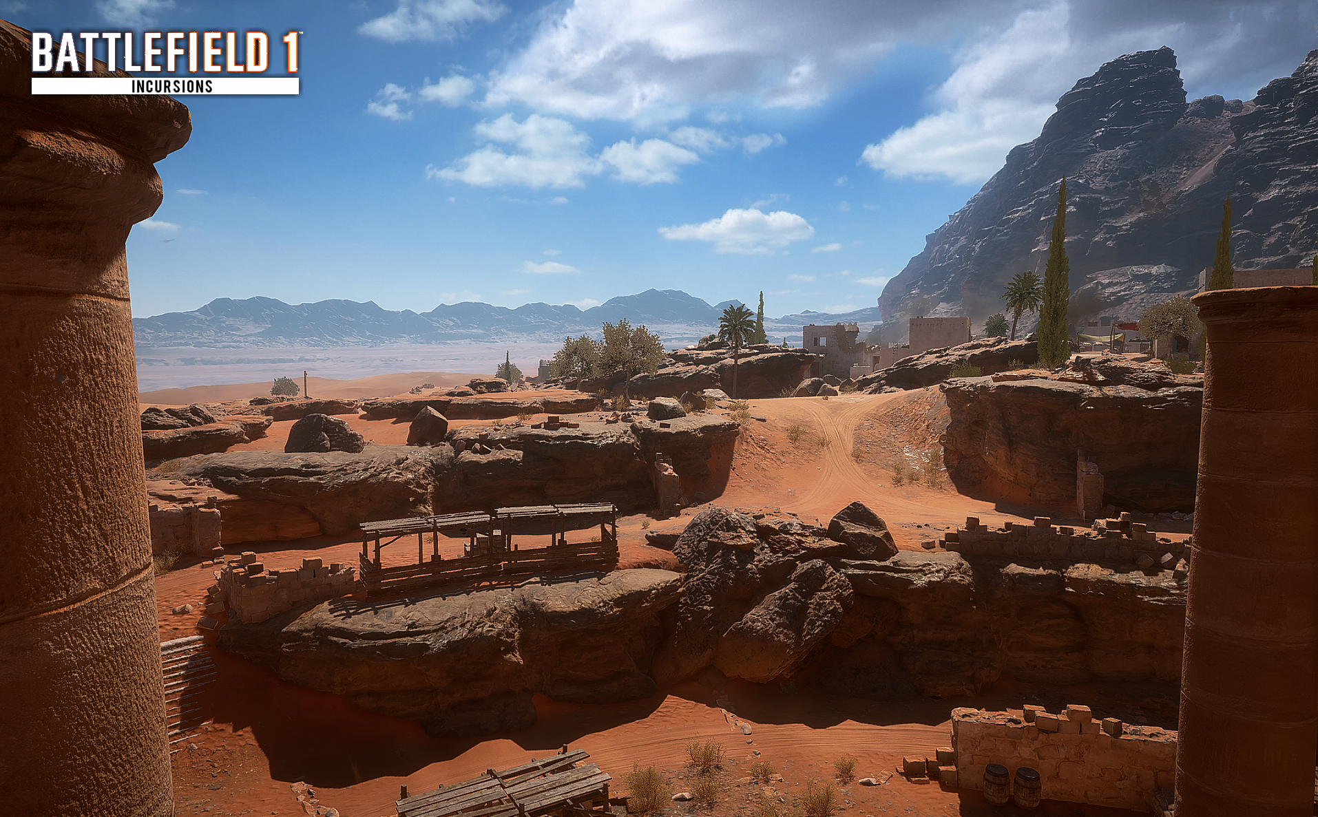 HD PC desktop wallpaper featuring a desert battlefield landscape from the video game Battlefield 1, showcasing rugged terrain under a bright blue sky.