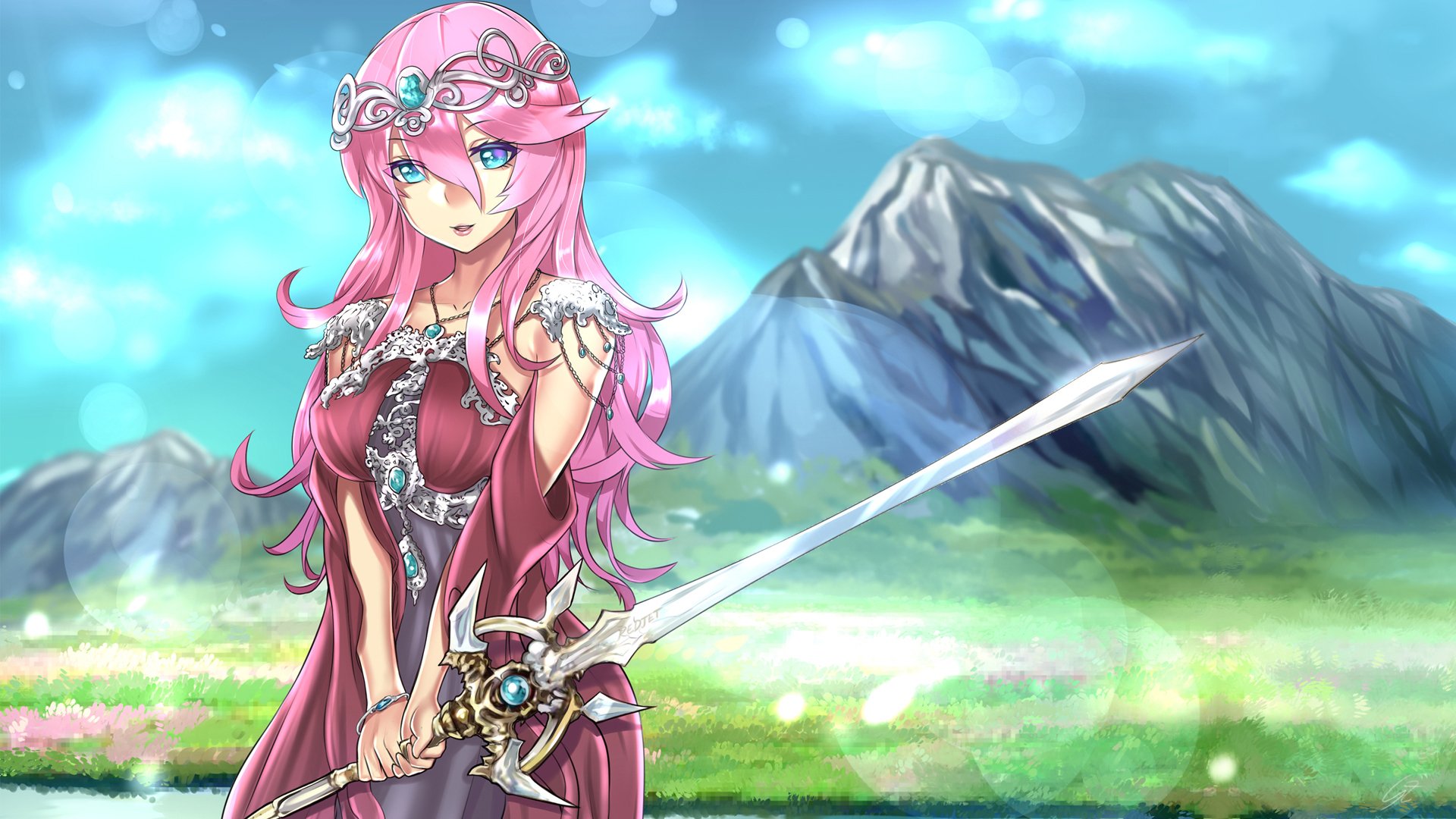 Anime-style woman warrior with long pink hair and blue eyes stands holding a sword against a bright mountainous landscape, designed as an HD PC desktop wallpaper.