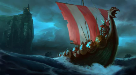 A fantasy Viking drakkar with red and white sails sails through dark, stormy seas toward a towering cliff under a moody sky, captured in HD PC desktop wallpaper quality.