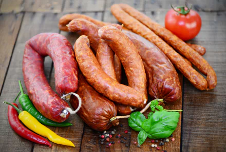 A vibrant 4K Ultra HD still life of assorted sausages, chili peppers, fresh basil, and a tomato arranged on a rustic wooden surface.