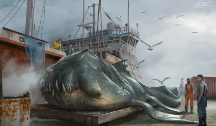 HD desktop wallpaper of a massive fantasy sea monster being hauled onto a dock by fishermen, with a ship and seagulls in the background. The scene exudes a maritime adventure and mythical creature.